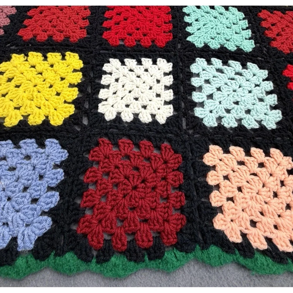 Vtg Crochet Roseanne Granny Square Afghan Throw Lap Blanket Colorful Multi 47x41